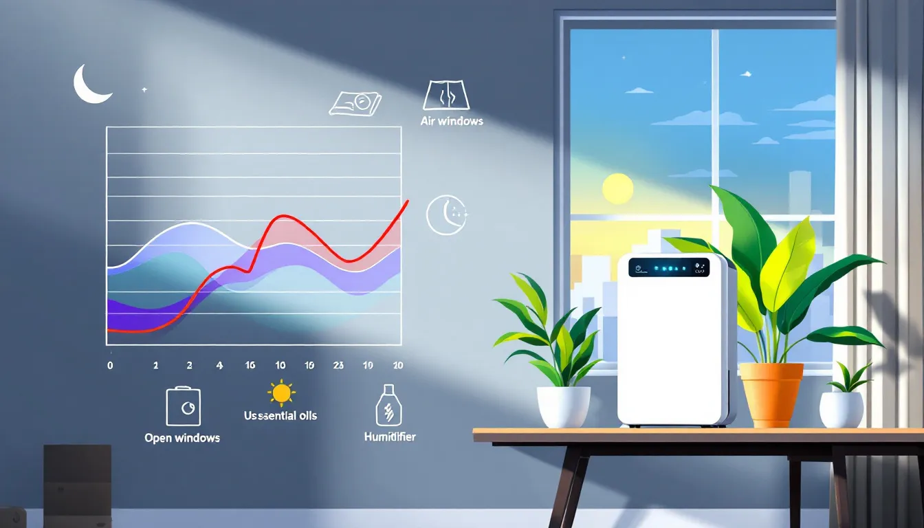 An illustration of various strategies for improving indoor air quality, including air purifiers and ventilation.