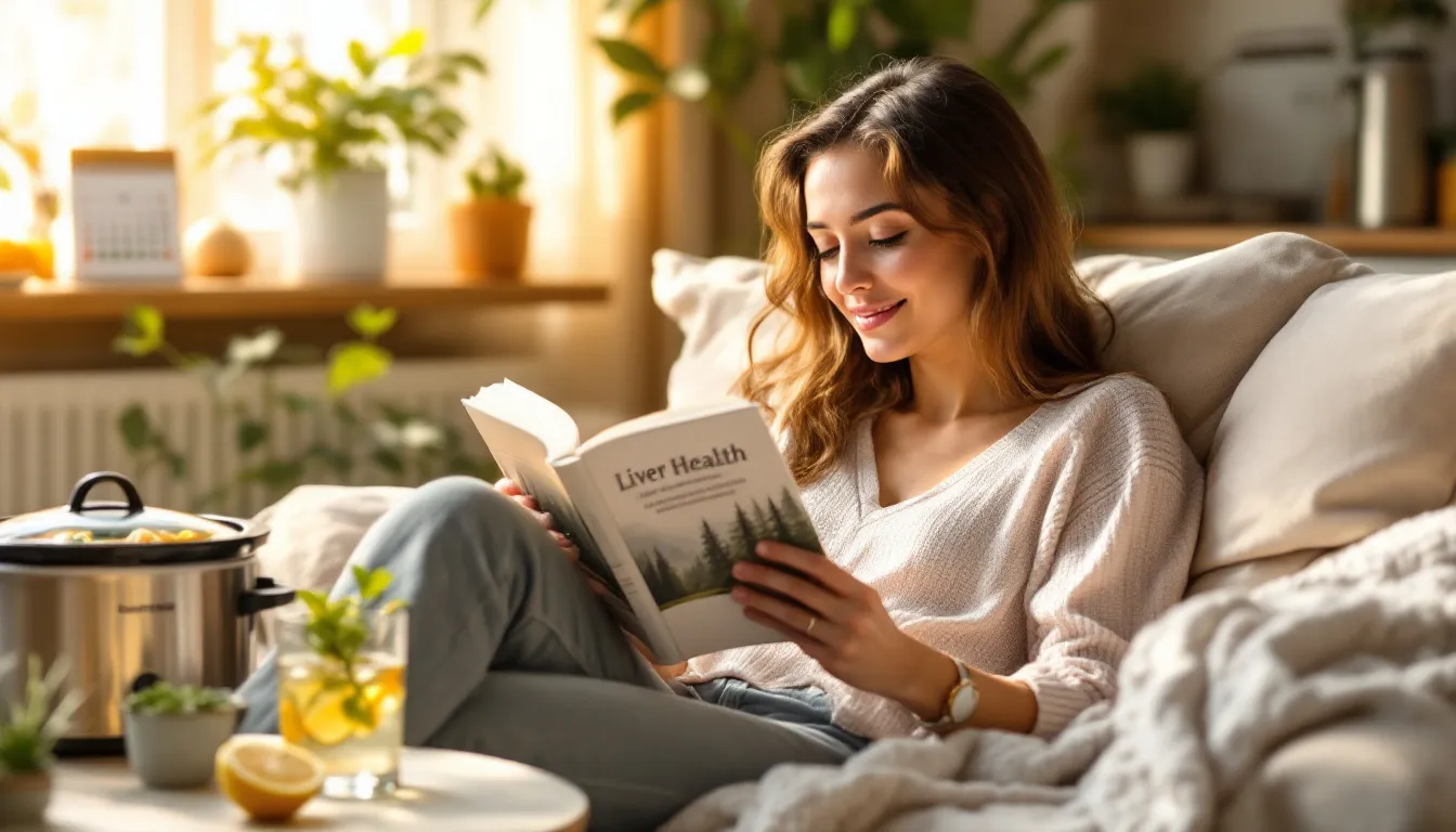 A lifestyle scene showing activities that promote better sleep and liver health.