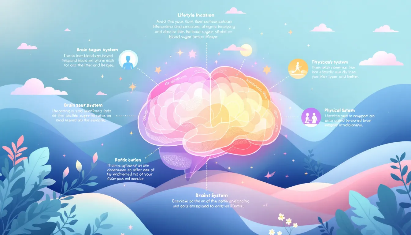 An illustration of lifestyle factors that support blood sugar stability and better sleep, including exercise and stress management.